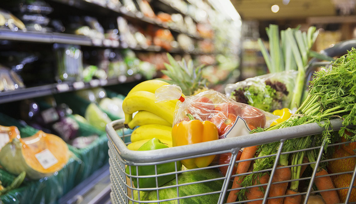 Close up of full shopping cart in grocery store